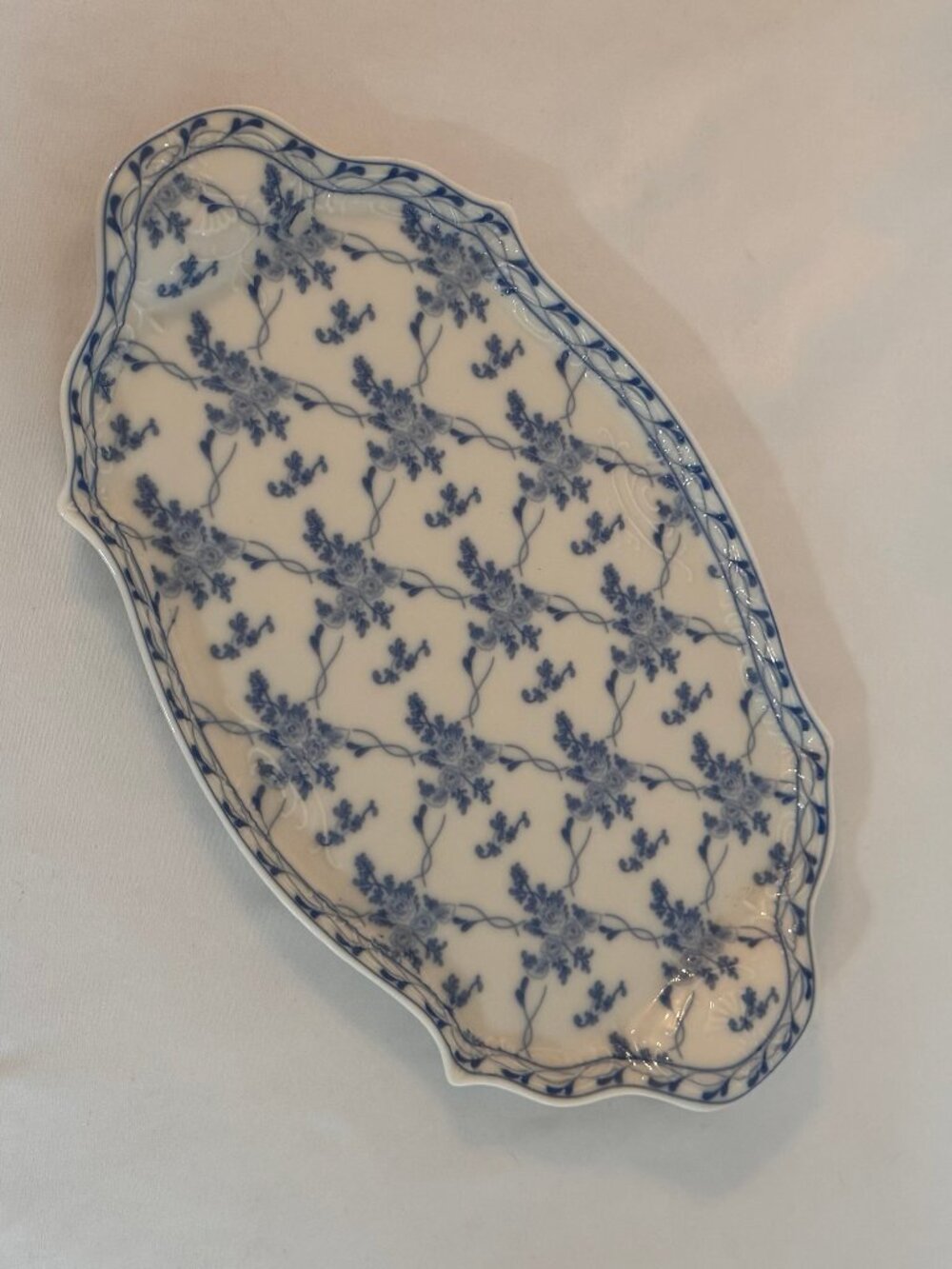 Skye McGhie Rose Brocade Tray 13" Oval Porcelain Discontinued Blue & White #4107